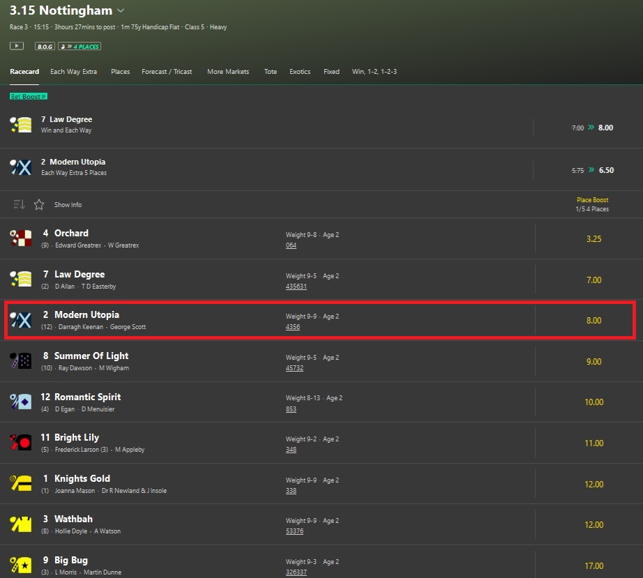 Bet365 3.15 pm nottingham racecard with the horse modern utopia at odds of 8 highlighted